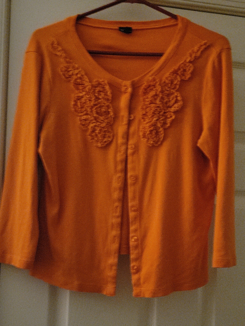 Rafaella Orange Women's Button-Front Cardigan with Floral Applique